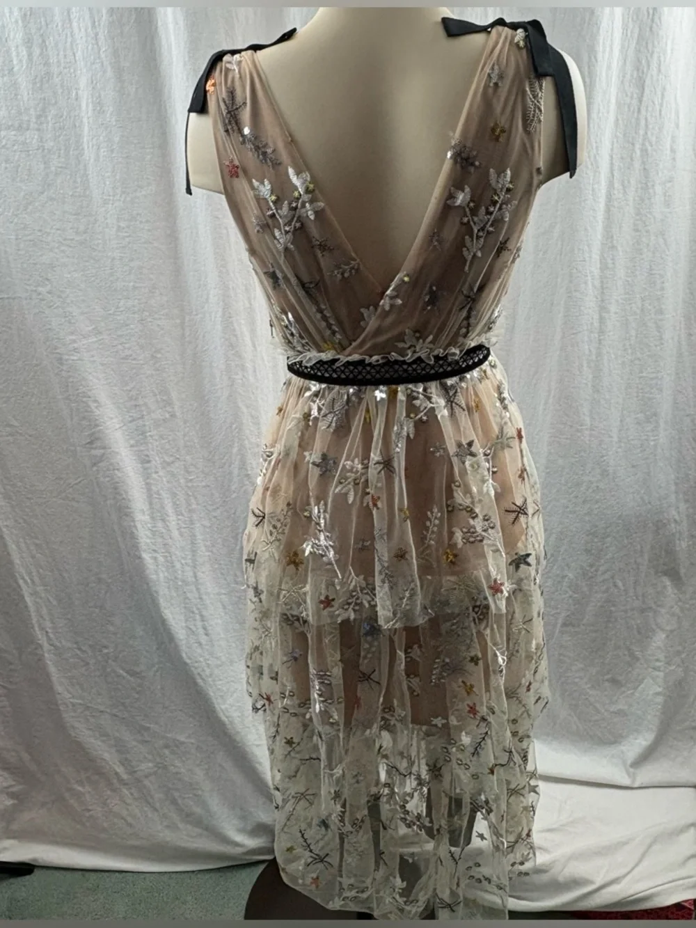 Sheer Star-Embellished Midi Dress in Nude with Black Trim 2 - Picture 7 of 16